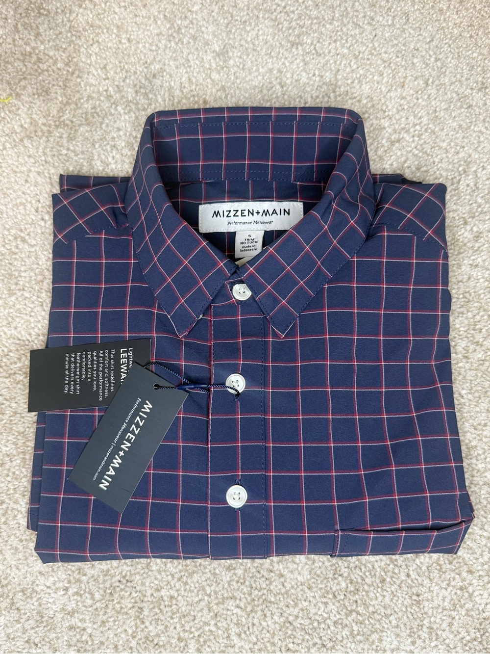 Mizzen+Main Navy Button-Down with Red Windowpane Check